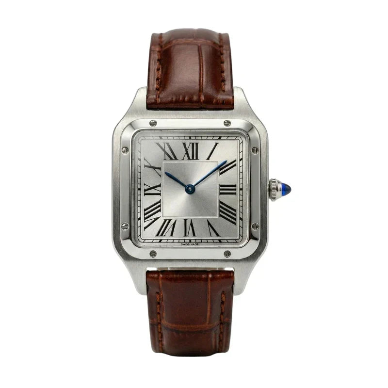 Vanetto Alberto Men's Square Watch in Silver Steel with Brown Leather Strap - Classic Dress Watch