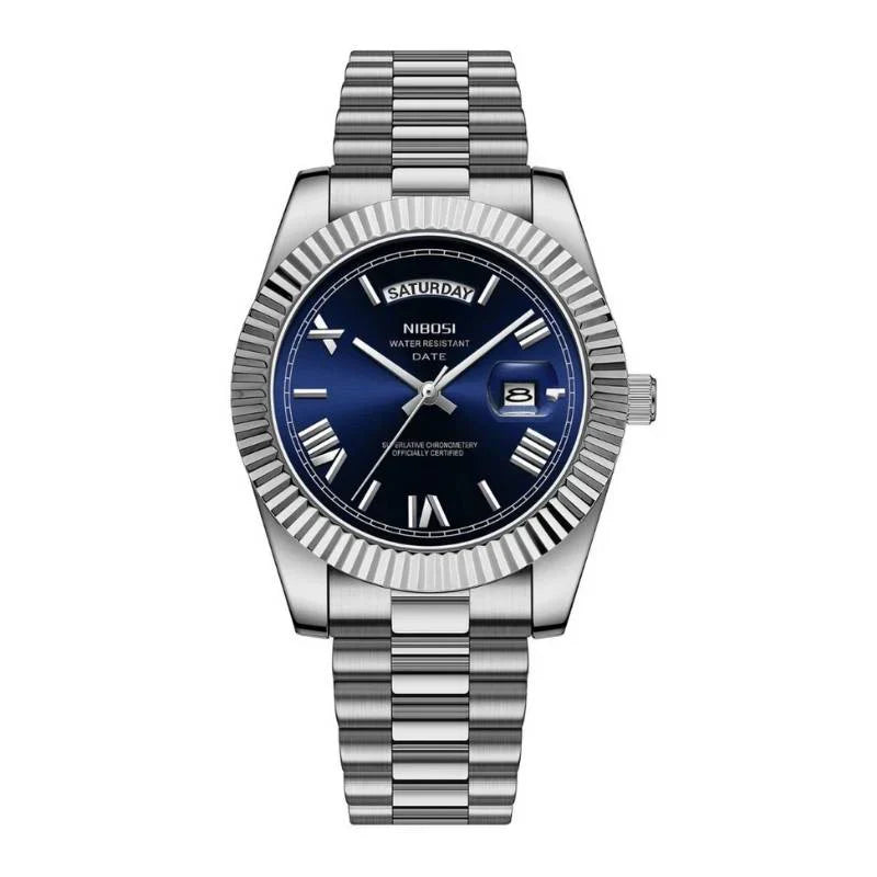 uVittorio Men's Day-Date Watch in Silver Stainless Steel with Royal Blue Dial - Riviera Style
