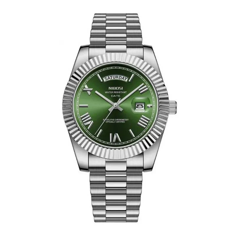 Vittorio Men's Day-Date Watch in Silver Stainless Steel with Emerald Green Dial - Old Money Aesthetic