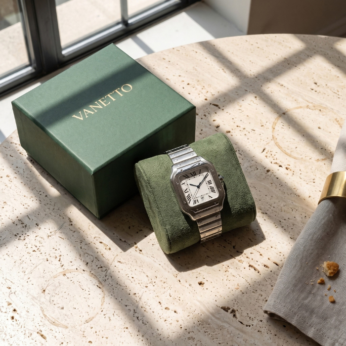 Santtus square watch on a green cushion beside a closed green Vanetto box on a travertine table in window light