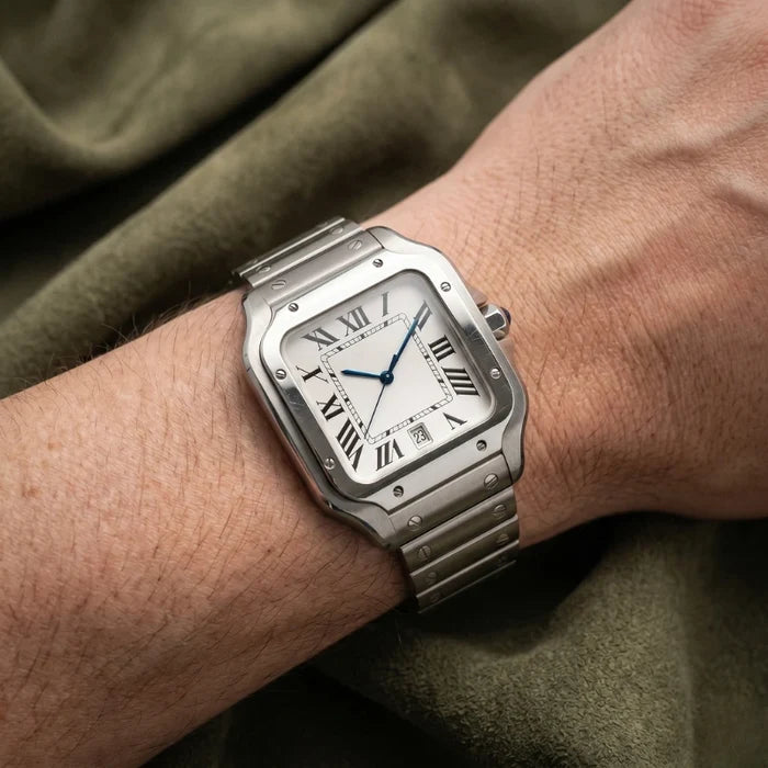 Santtus integrated steel bracelet watch, close side angle on wrist