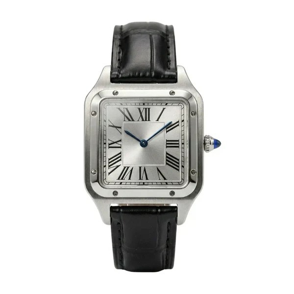 Alberto square watch with silver dial and black leather strap, front view