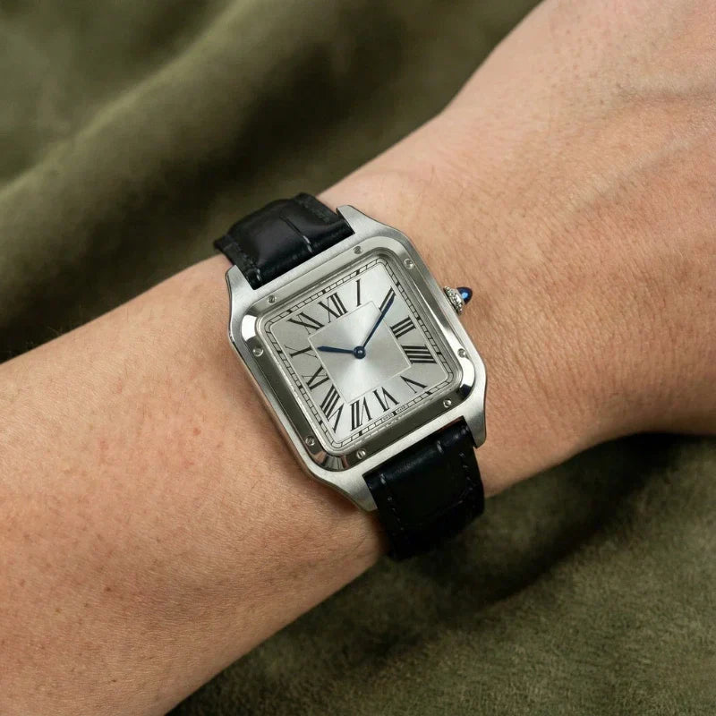 Alberto square watch dial close-up with Roman numerals