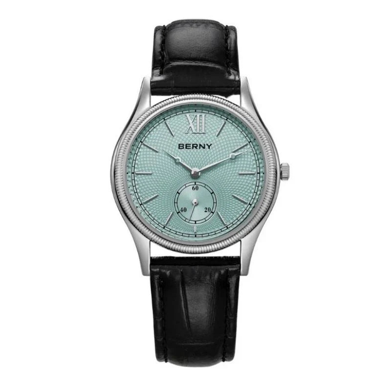 Men’s small seconds watch, round silver-tone case, seafoam textured dial, black leather strap, front view