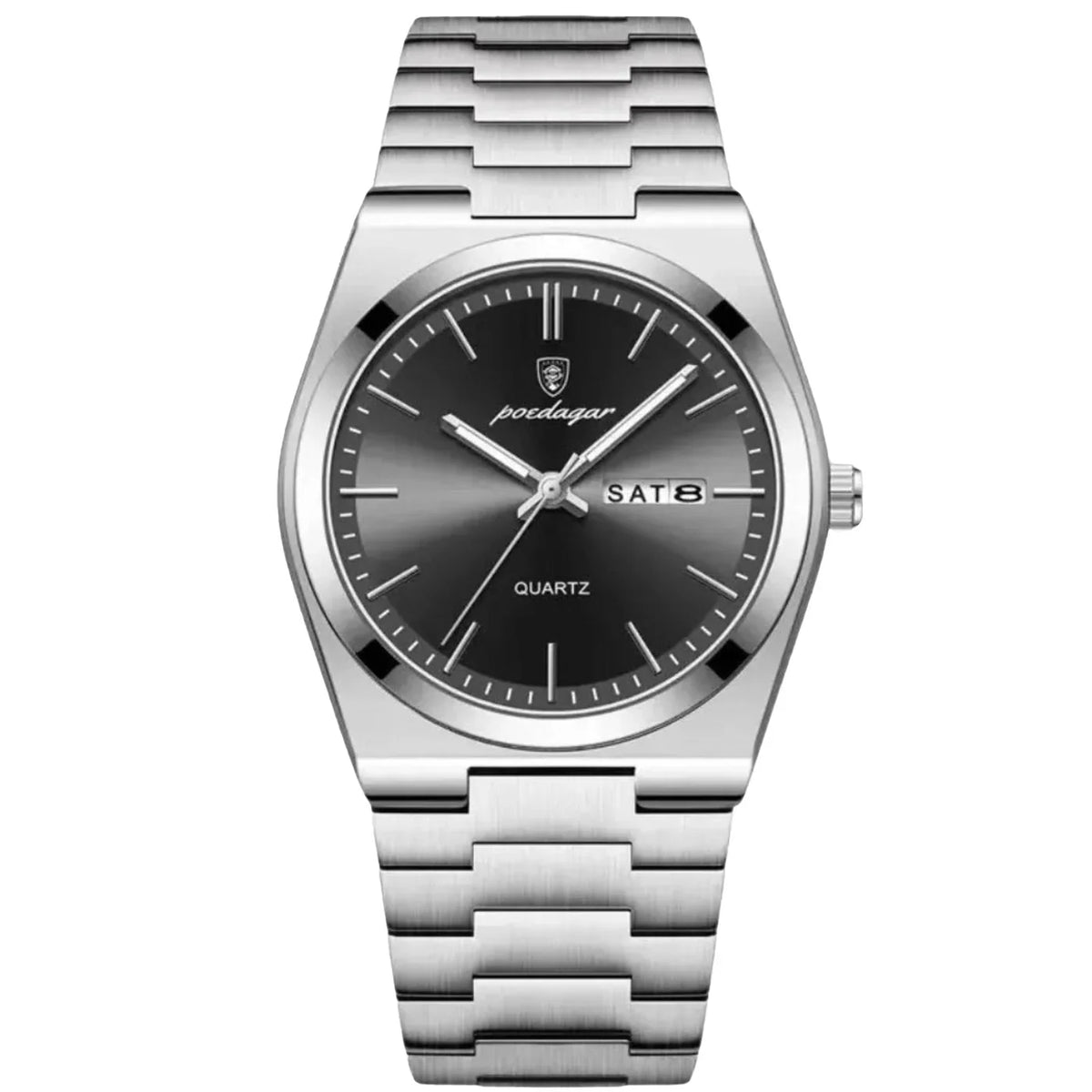 Men’s stainless steel integrated bracelet watch with grey sunburst dial and day-date display