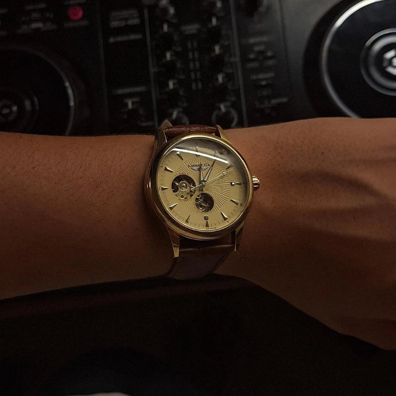 Bellagio 41mm open-heart automatic watch on a leather strap, angled view