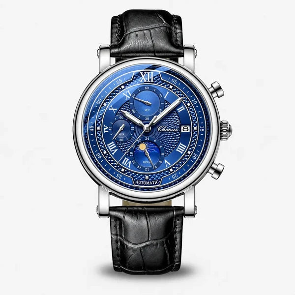 Galileo watch in silver-tone alloy with deep blue textured dial, three subdials, moon phase and black leather strap, front view