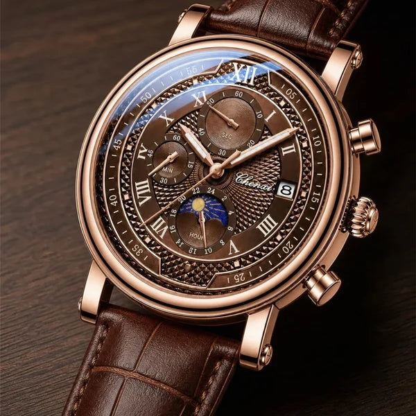 Close-up of the Galileo espresso brown dial showing hobnail texture, luminous hands, date window and moon phase subdial