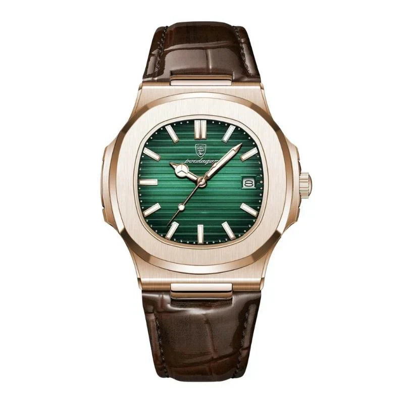Vanetto Laurent Men's Watch in Rose Gold Tone with Green Textured Dial and Brown Leather Strap