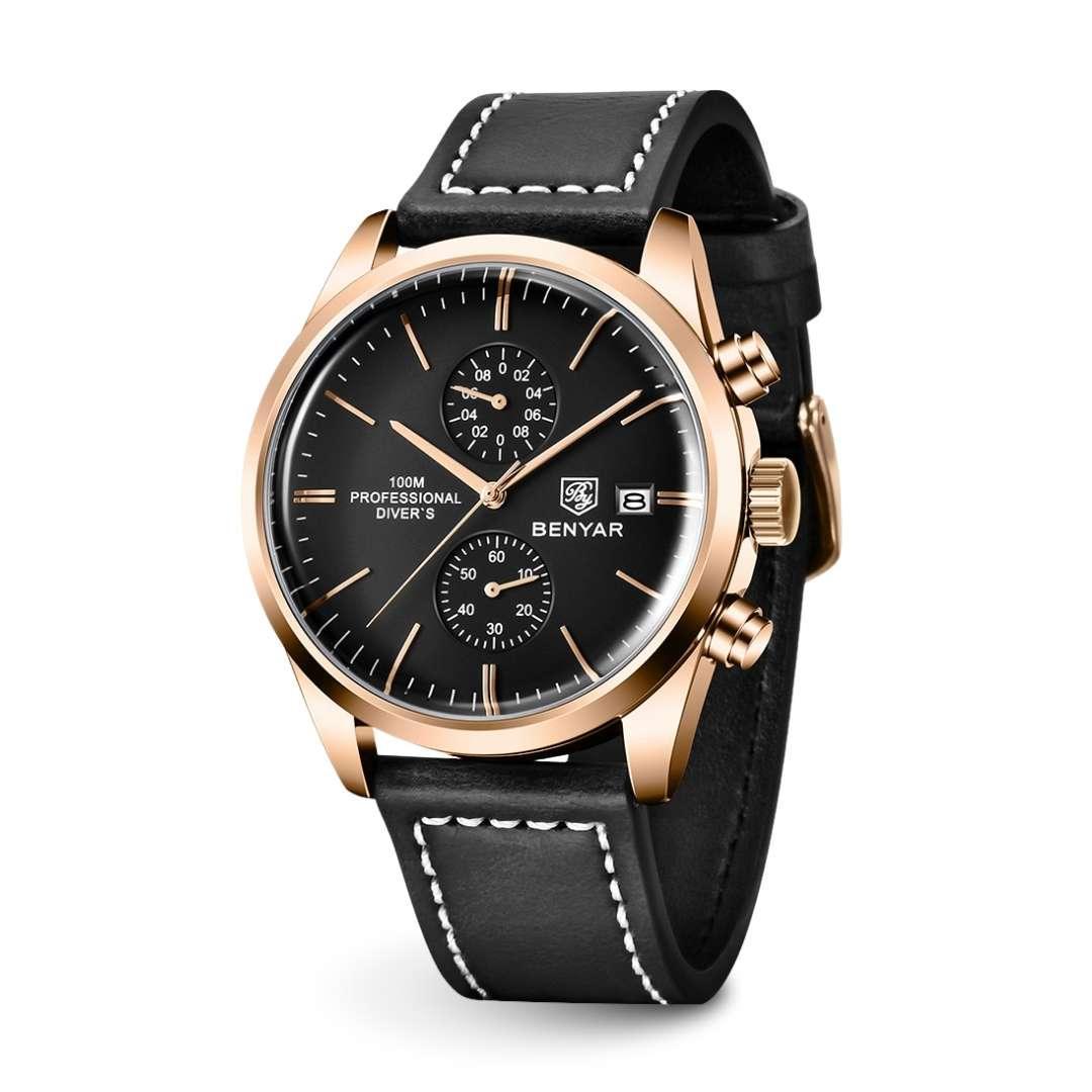 Livorno men's watch with rose gold-tone case, black dial and black leather strap, angled front view