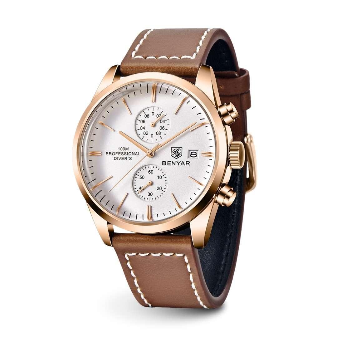 Livorno men's watch with rose gold-tone case, ivory white dial and brown leather strap, angled front view