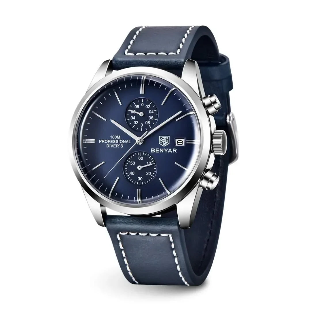 Livorno men's watch with silver-tone case, deep blue dial and blue leather strap, angled front view