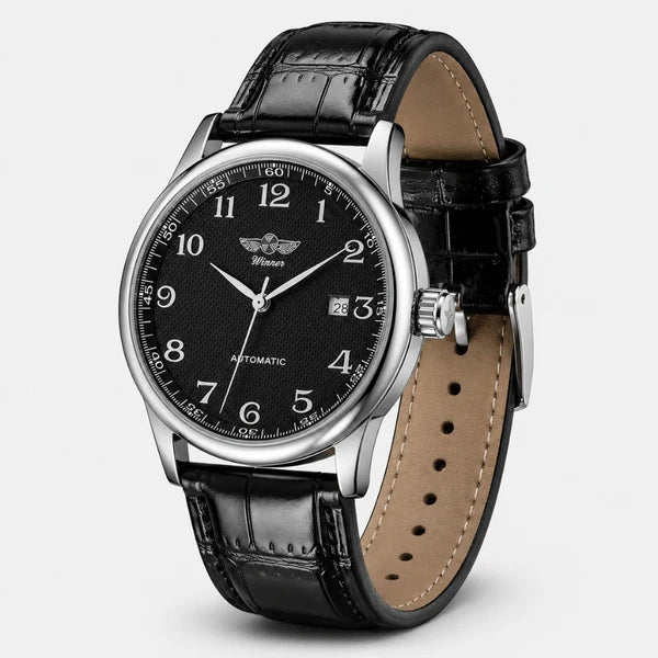 Lorenzo black dial watch at an angle, showing the crown, pin buckle and leather strap lining