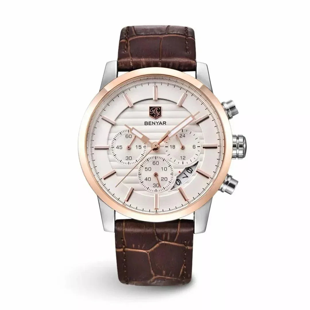 Monza men's watch with ivory ribbed dial, rose gold-tone bezel and brown croco-embossed leather strap, front view