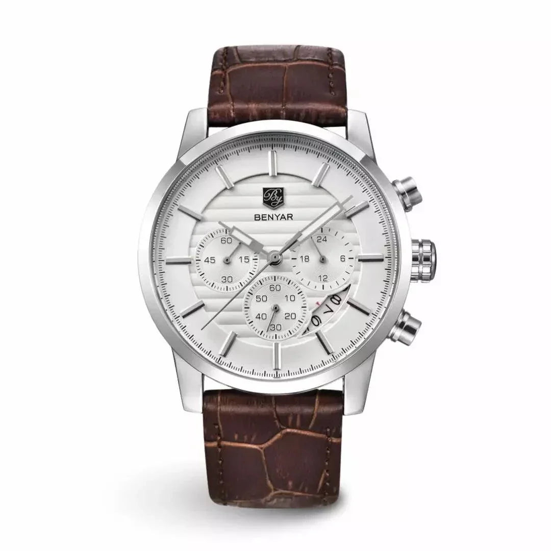 Monza men's watch with arctic white layered dial, polished steel case and brown croco-embossed leather strap, front view