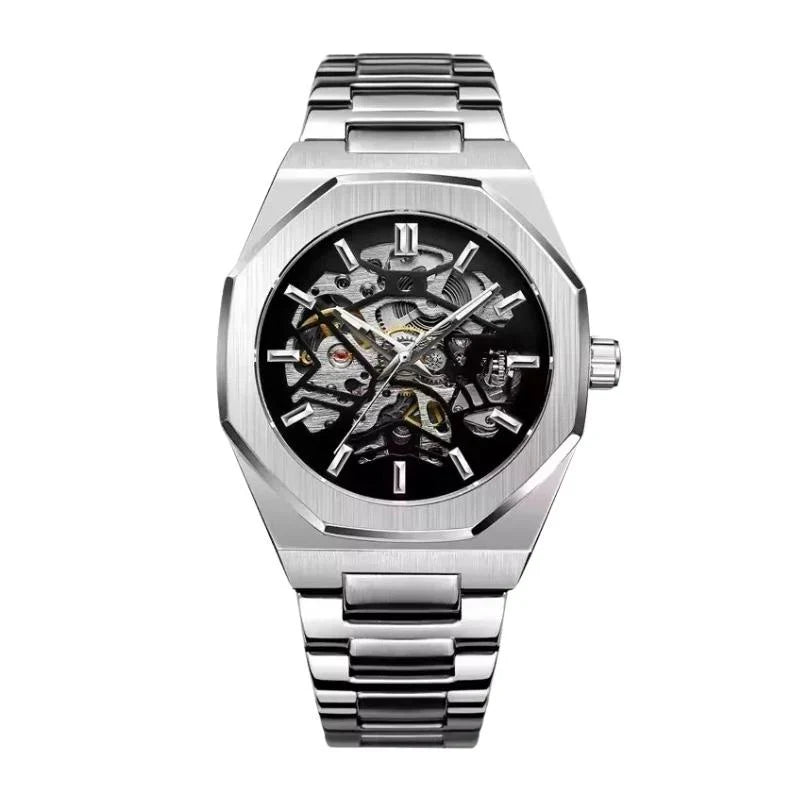 Octagonal skeleton watch with exposed mechanical movement, front view