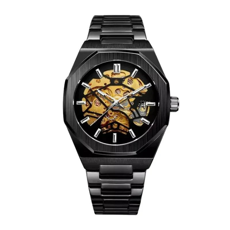 Men's octagonal skeleton watch on the wrist showing the open dial