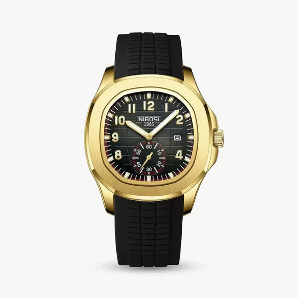 Portofino sport watch with gold-tone case, black dial and black rubber strap, front view