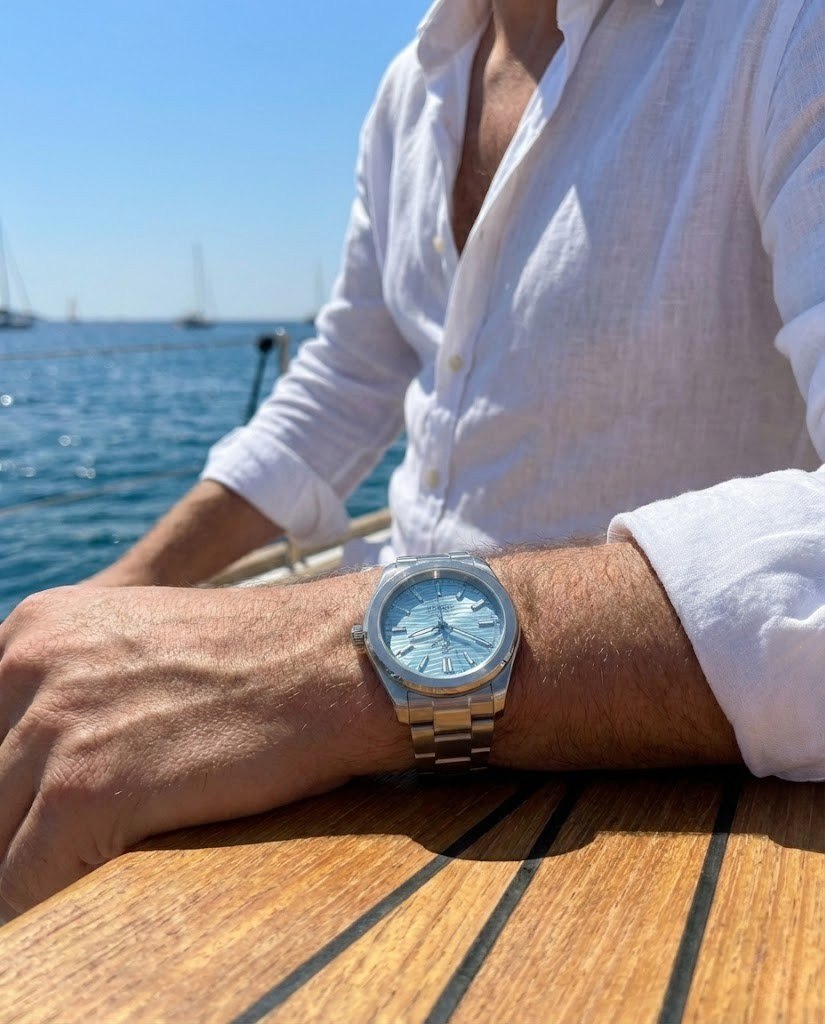 Riviera automatic watch wave-textured dial, close-up