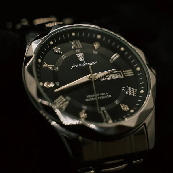 Two-tone Romano watch with royal blue dial, angled studio view