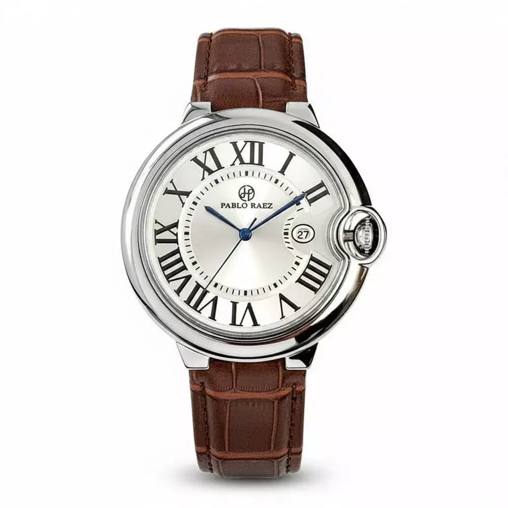 Siena watch with silver Roman numeral dial, blued hands and brown croc-embossed leather strap