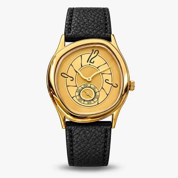 Tiziano cushion case watch in gold tone with gold dial and black leather strap, front view