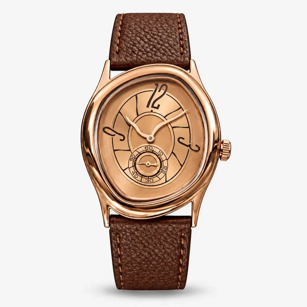 Tiziano cushion case watch in rose gold tone with rose dial and brown leather strap, front view