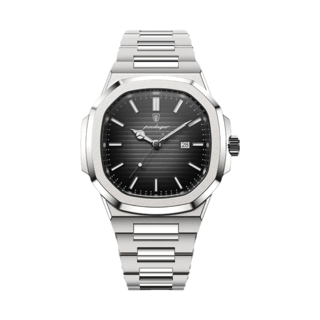 Tremezzo octagonal steel watch with black grooved dial and integrated bracelet, front view