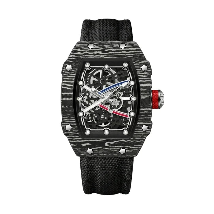 Vulcano skeleton tonneau watch in black with nylon strap, front view