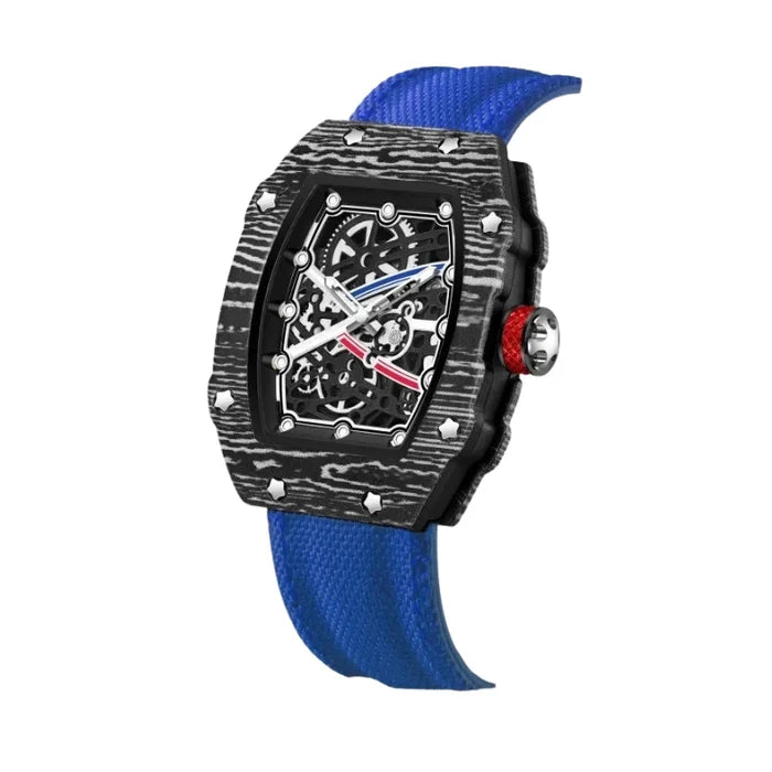 Vulcano tonneau watch case profile in blue, textured forged-carbon-effect finish