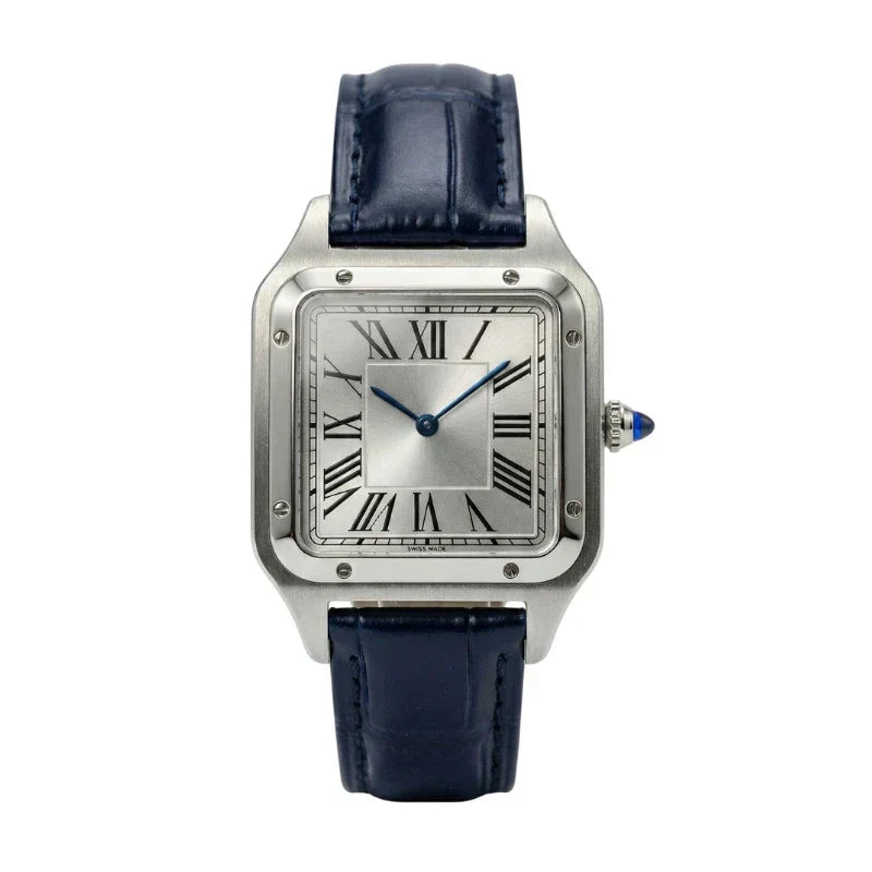 Vanetto Alberto Men's Square Watch in Silver Steel with Blue Leather Strap - Roman Numeral Dial