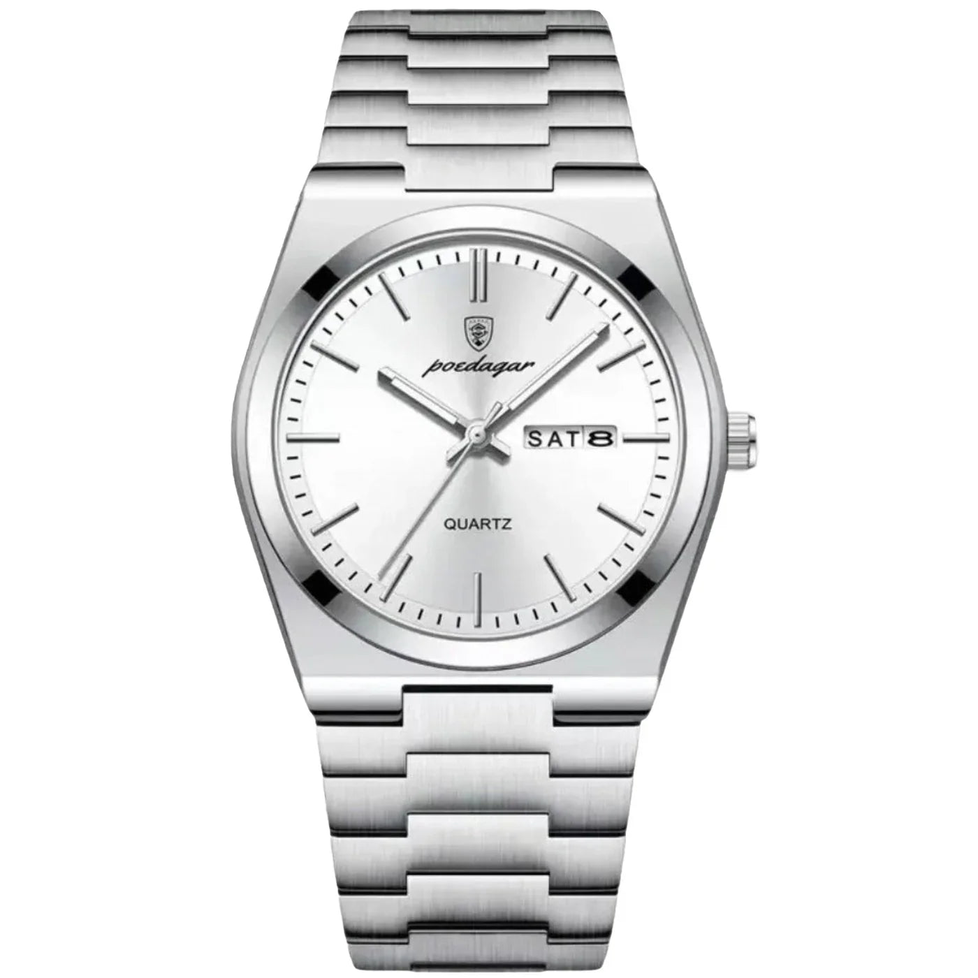 Men’s stainless steel integrated bracelet watch with white dial and day-date display