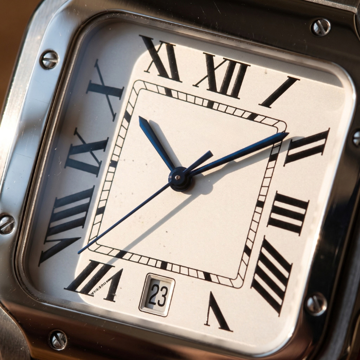 Macro of the Santtus white square dial with Roman numerals, blued hands and date window