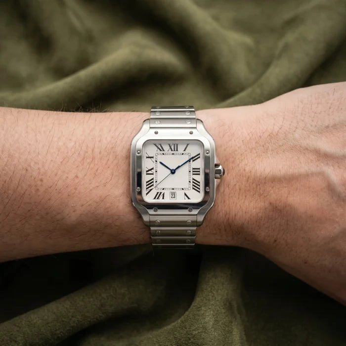 Santtus square watch in Clean White dial, worn on wrist over olive fabric