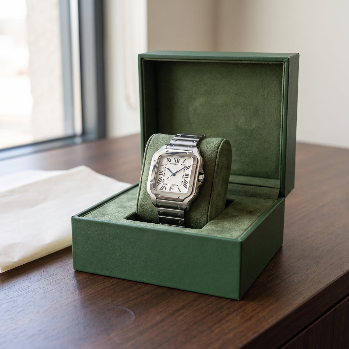 Santtus square watch with Roman numeral dial on its cushion in an open green presentation box on a wooden table
