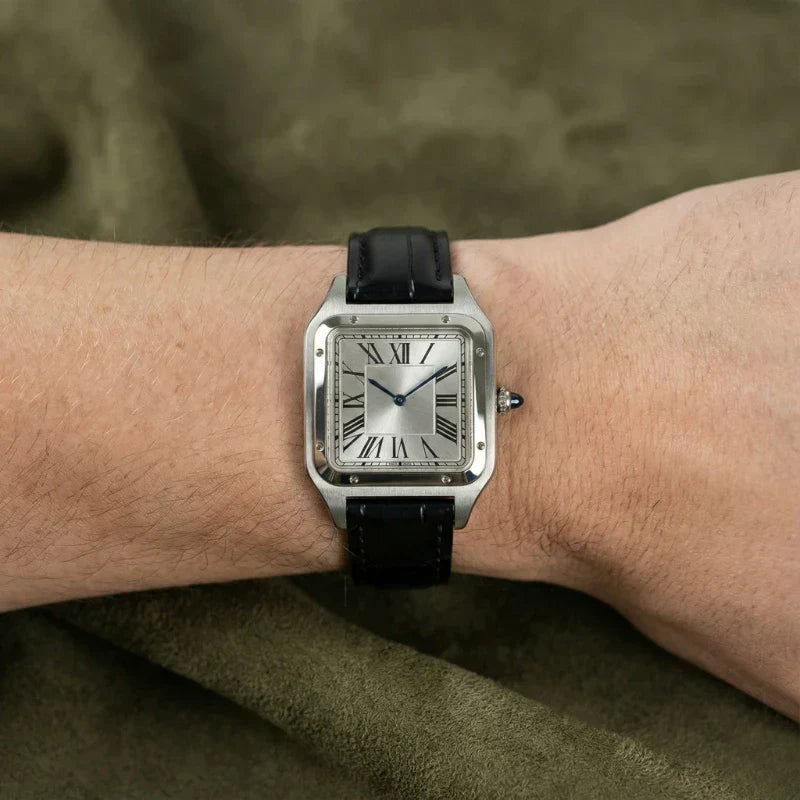 Alberto square watch case profile showing the Art Deco bezel screws