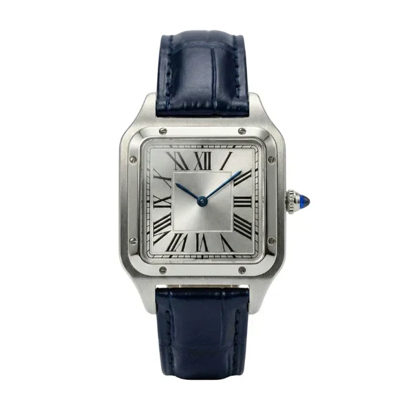 Alberto square watch with silver dial and navy blue leather strap, front view