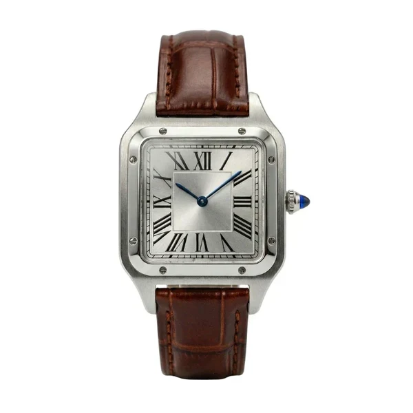 Alberto square watch with silver dial and brown leather strap, front view