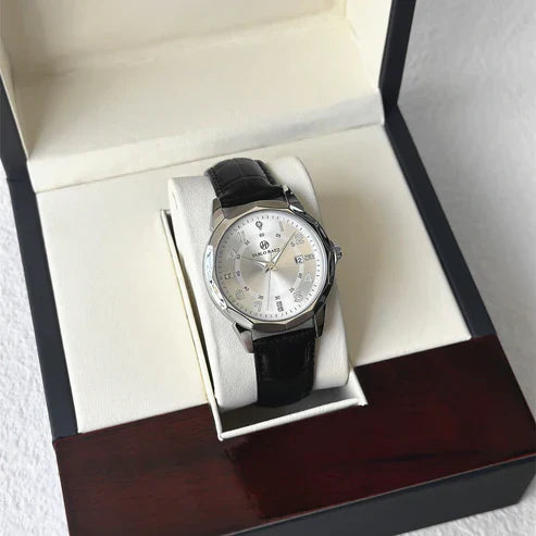 Side profile of the 42mm polished Amalfi case on leather