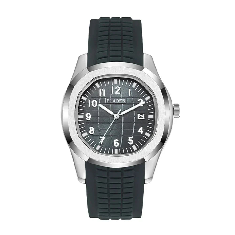Aquamare men's sport watch in silver steel with black rubber strap, front view