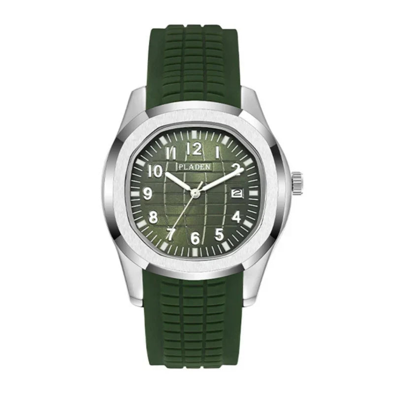 Aquamare Men's Sport Watch in Silver Steel with Olive Green Rubber Strap - Textured Dial