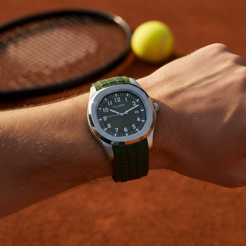 Aquamare sport watch case profile and crown detail