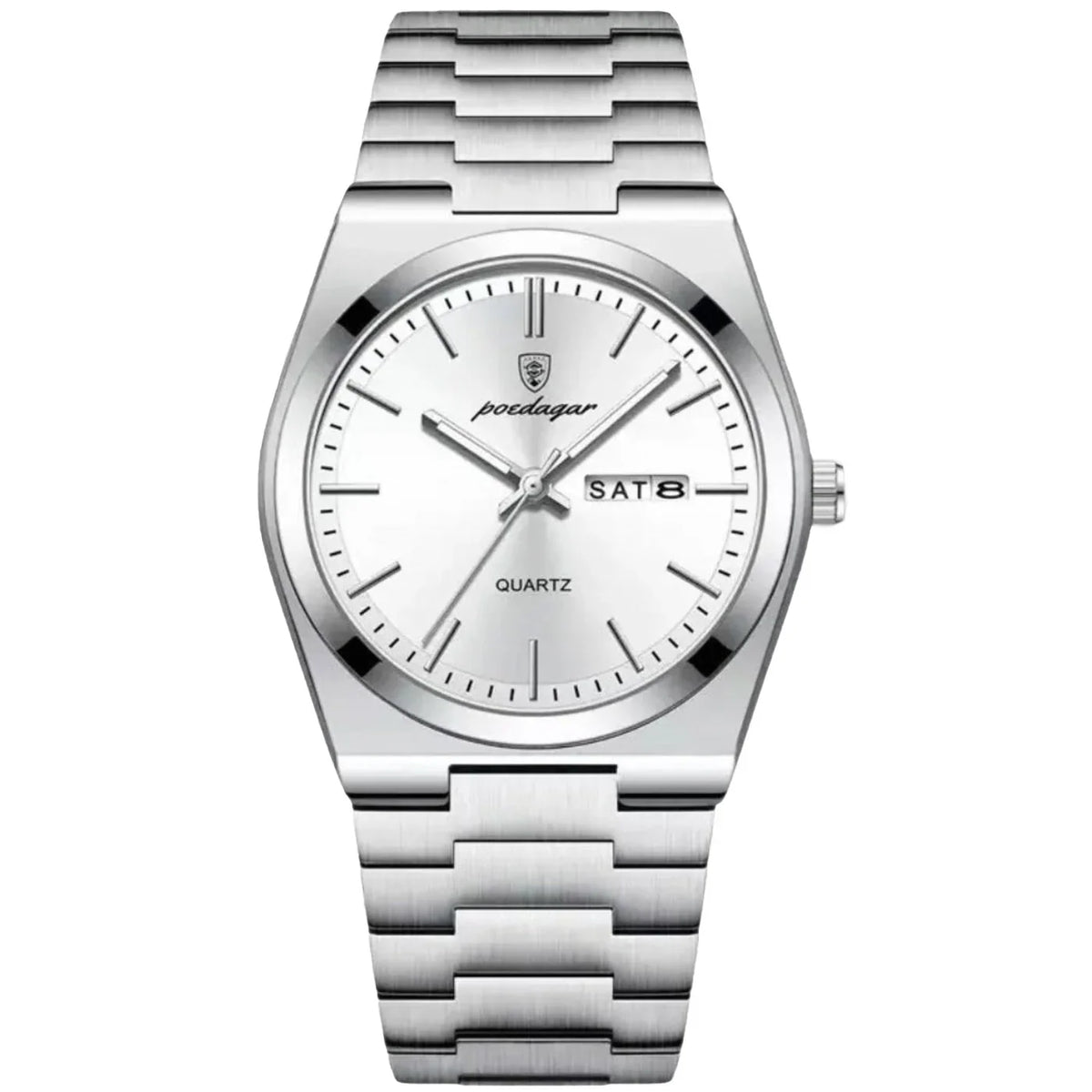Men’s stainless steel integrated bracelet watch with white dial and day-date display
