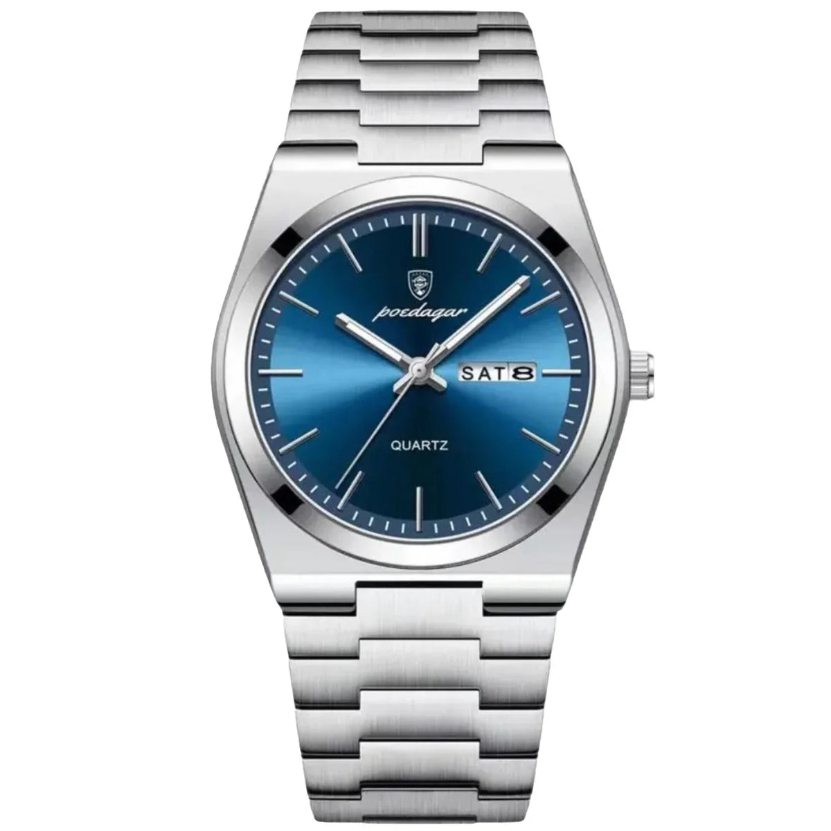 Men’s stainless steel integrated bracelet watch with blue sunburst dial and day-date display
