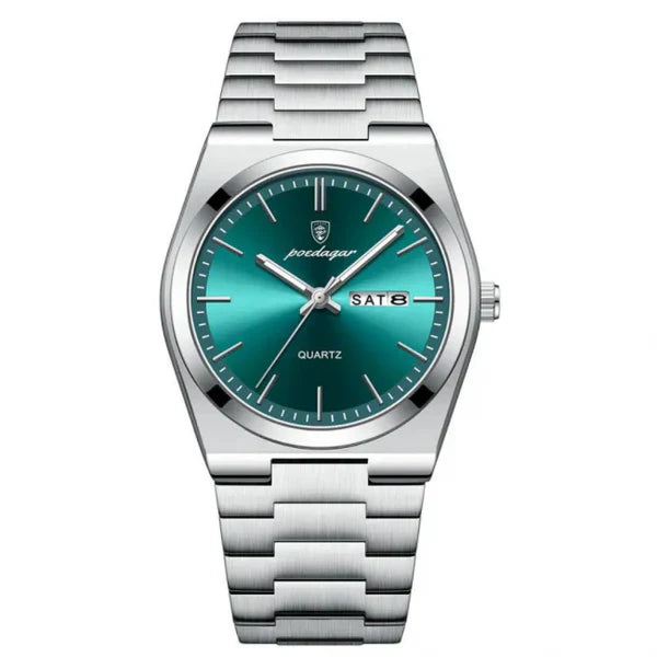 Men’s stainless steel integrated bracelet watch with green sunburst dial and day-date display