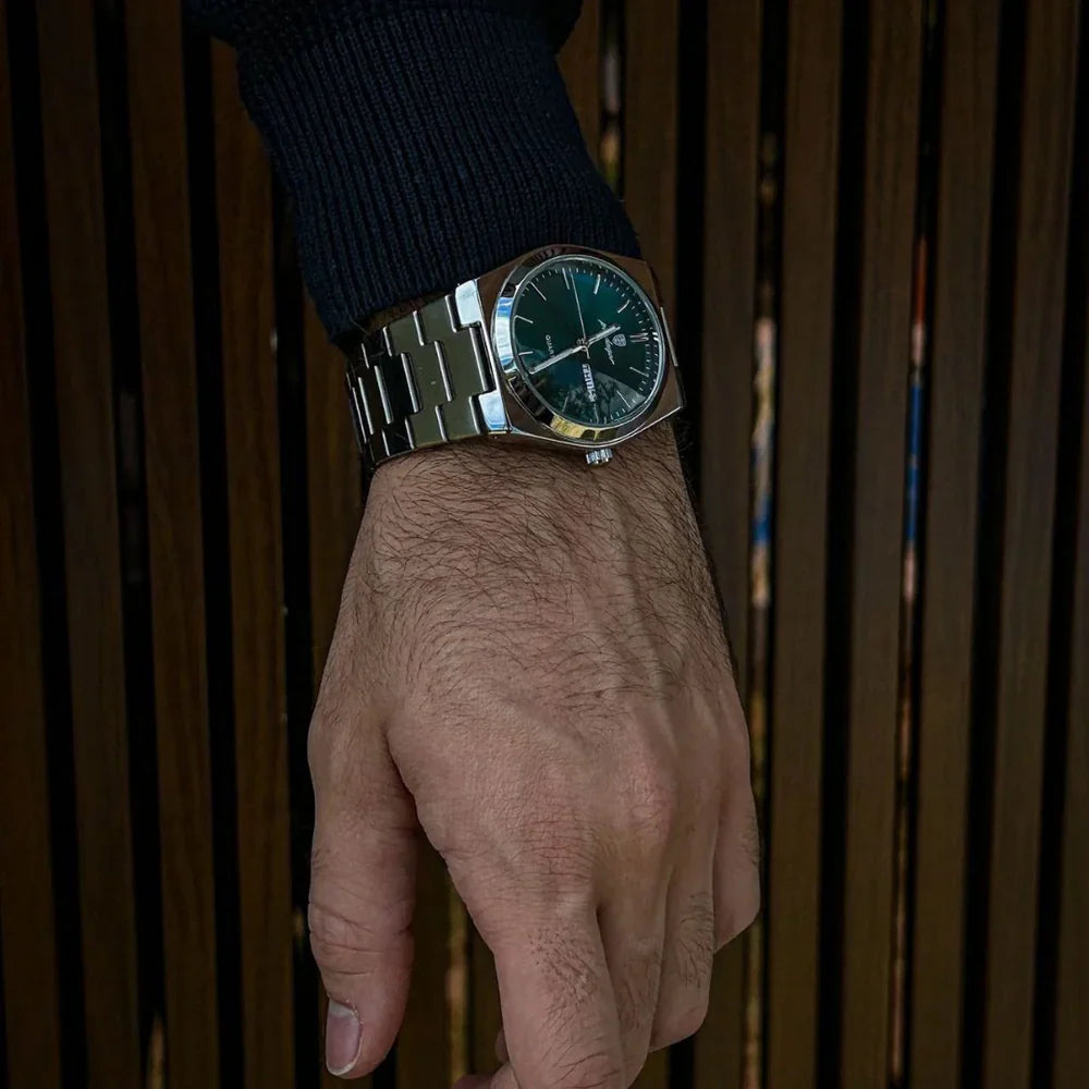 Aurelio watch dial close-up, sunburst finish