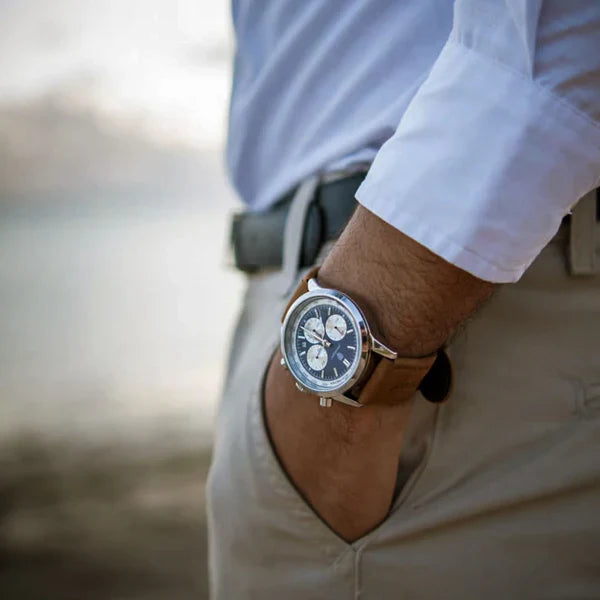 Tan suede leather strap with deployment clasp detail