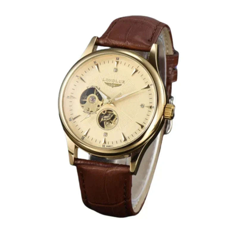 Bellagio automatic men's watch in gold-tone with champagne dial and brown leather strap