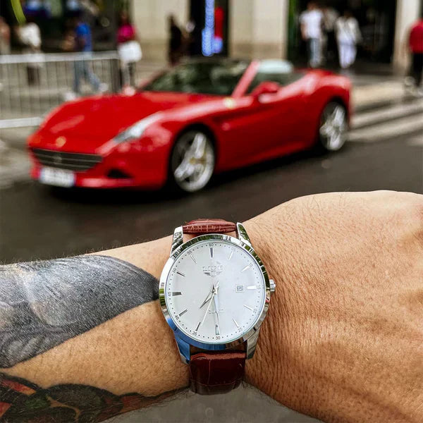Florence dress watch on a leather strap photographed on the wrist