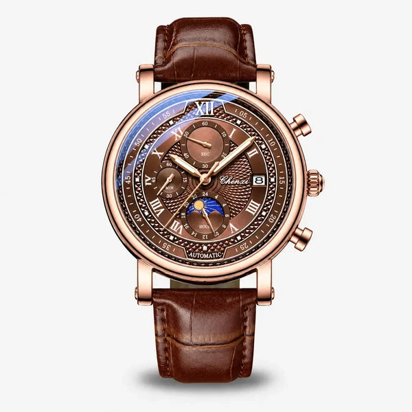 Galileo calendar chronograph watch in rose gold-tone alloy with espresso brown Roman numeral dial, moon phase and brown leather strap, front view